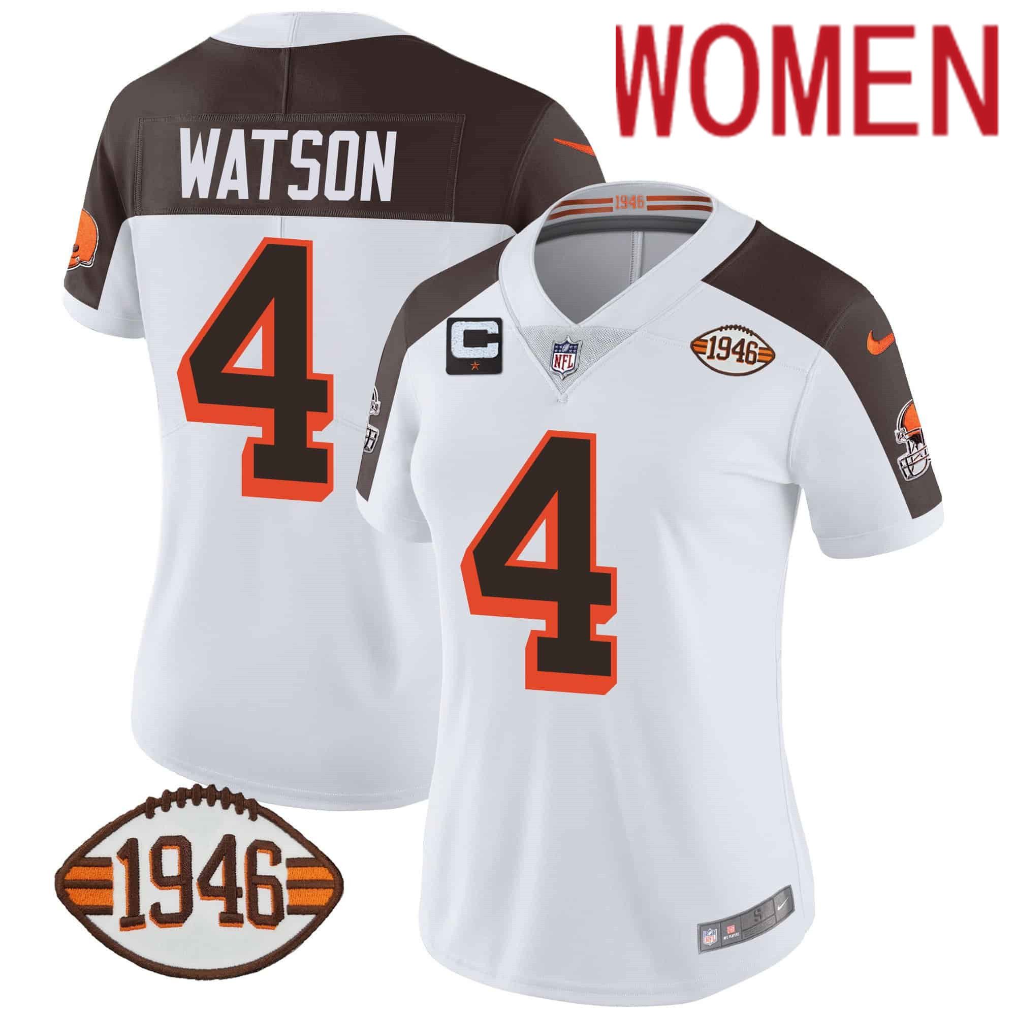 Women Cleveland Browns #4 Watson White 1946 75th Anniversary Patch 2024 Nike NFL Jersey style 1